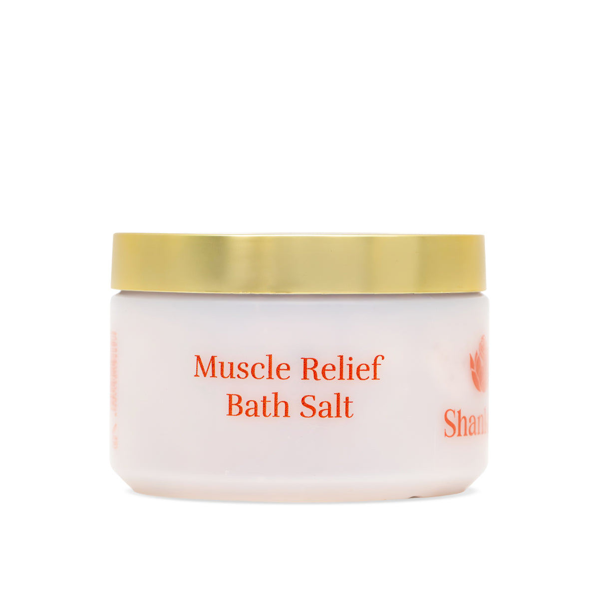 Jar of Muscle Relief Bath Salt with gold lid on a white background
