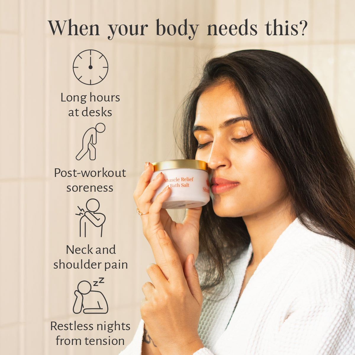 Woman holding a jar of cream with text about its uses on a beige background