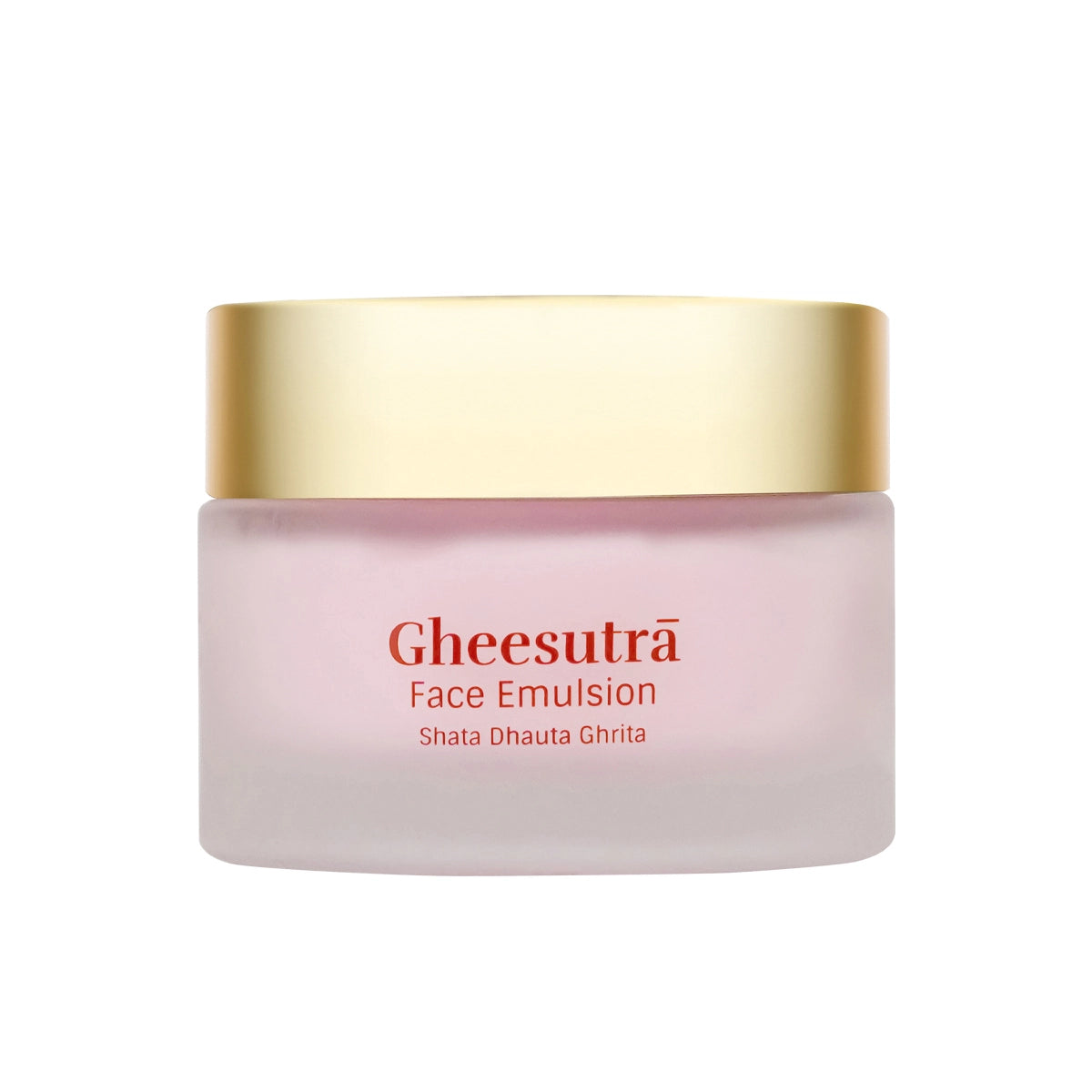 Gheesutra Face Emulsion in a frosted light pink jar with a metallic gold lid, on a solid white background.