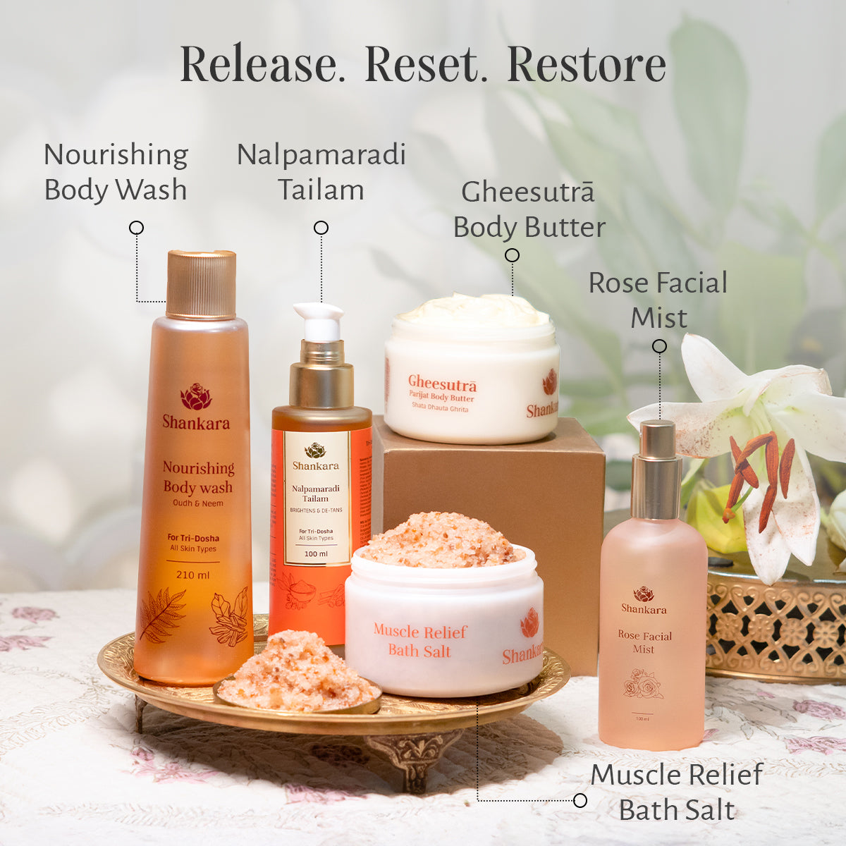 Shankara skincare products including body wash, oil mist, and salts with a decorative background. (Shankara Muscle Release bath salt)
