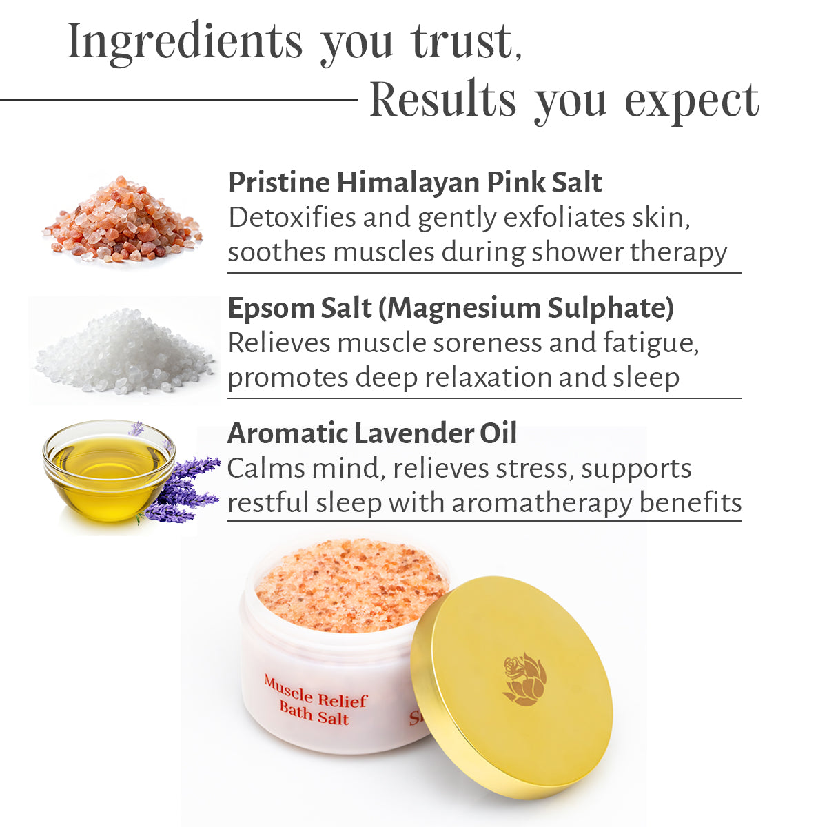 Bath salt product with ingredients listed on a white background