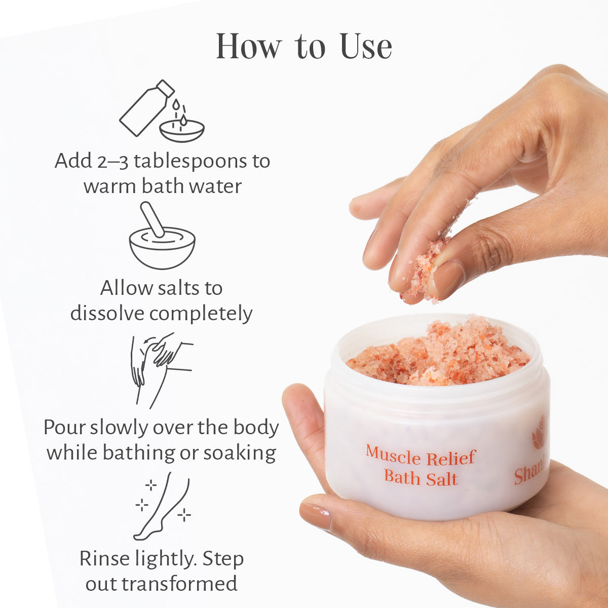 Instructions on how to use muscle relief bath salt with a hand holding a container of the product. (Shankara Muscle Release bath salt)